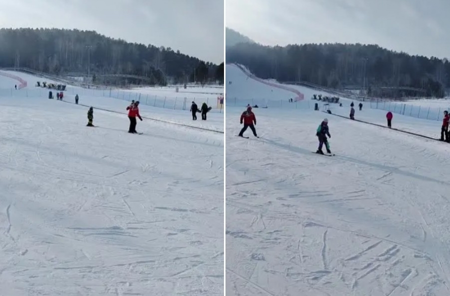 Ларины Настя и Егор на склоне фанпарка Бобровый лог